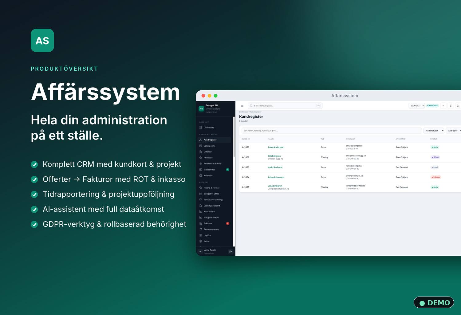 Affärssystem – produktöversikt (demo)